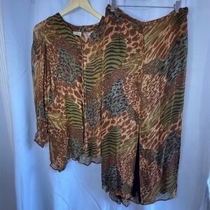 Soji Brown Animal Print Skirt Set Sheer Blouse Button Front 100% Rayon Women's S